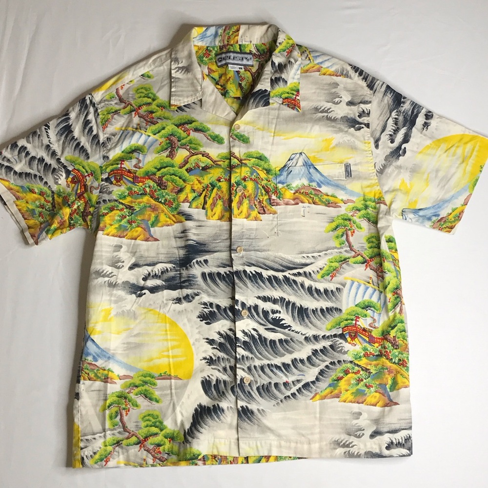 Colorful Camp Shirt by Rusty with Scenic Print Size Large